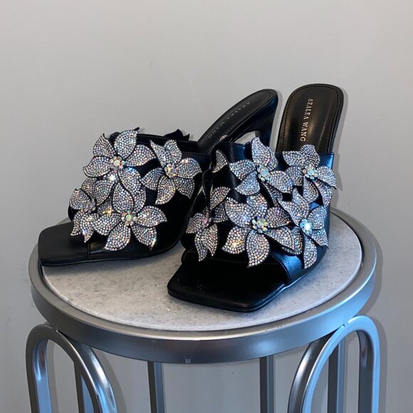 Statement Crystal Floral Mule Heels Square Toe - Picture 4 of 7
